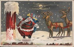 A Fat Santa with his Reindeer and a Skinny Chimney Postcard