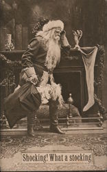 Santa at Mantle - Shocking! What a Stocking Santa Claus Postcard Postcard Postcard