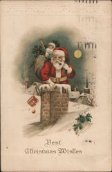 Best Christmas Wishes - Santa Going Down a Chimney Postcard