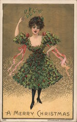 A Merry Christmas - A Woman in a Dress Made of Holly Postcard