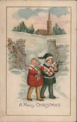 A Merry Christmas Children In Front of Church Postcard