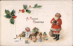 A Merrie Christmas - Santa Surrounded by Toys Postcard