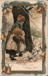 Wishing You a Glad and Happy Year; Three Children Hiding Behind a Tree Postcard
