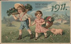 New Year Greeting, 1911. - Two Children Holding Hands with Baskets of Greenery Postcard
