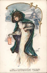 Die Besten Gluckwunshce Zum Neuen Jahre Woman with cape walking thru snow with a lantern Postcard
