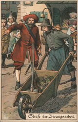 A Man Pushing a Wheelbarrow In the Direction Another Man is Pointing Postcard