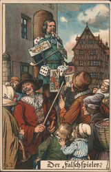 Der Falfch fpieler. man chained to post with dice and overlarge playing cards in village square. Postcard