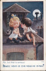 Ah, But That Is Serious! Young Girl and Young Boy Sitting on a Rooftop Children Postcard Postcard Postcard