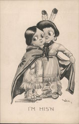 I'm his'n. Cartoon of large eyed Indian couple wrapping up in a blanket Artist Signed Wou Postcard Postcard Postcard