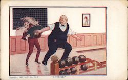 "a strike." Man bowling. He throws ball back to get momentum before release and hits tray of drinks Postcard