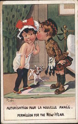 Young Boy in a Kilt Giving Young Girl in a Mob Cap a Kiss on the Cheek for New Year Postcard