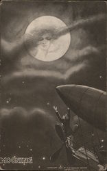 Man in an Airship Reaches for the Lady in the Moon Postcard