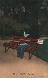 I've left here. Pair of pants laying on park bench with pidgeon. Wet Varnish sign Postcard