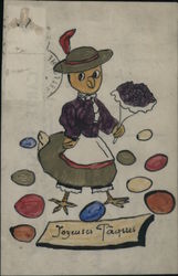 Joyeuses Pâques; Baby Chicken Wearing a Dress and Holding a Bouquet, Surrounded by Colored Eggs Postcard