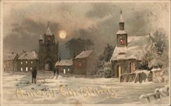 A Merry Christmas A snowy village and church by moonlight with people walking. Postcard