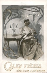 A Woman Sitting at a Table with a Lamp Postcard