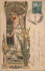 Woman In White Dress With Yellow Irises Art Nouveau Postcard