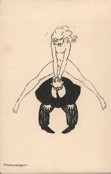 Attractive, naked, woman leap frogging over the back of a plump, bald, man dressed in a suit. Postcard