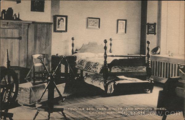 Trundle bed, yarn winder and spinning wheel Chicago Historical Society Illinois