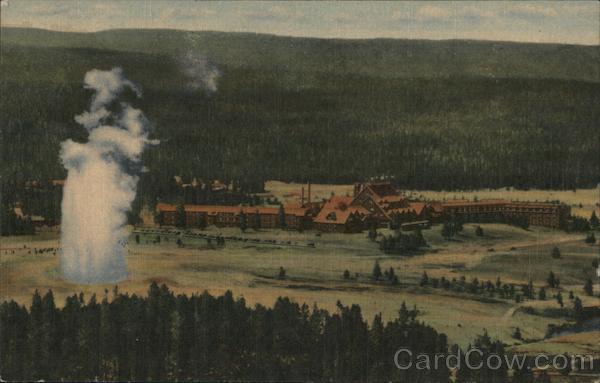 Old Faithful Inn and Old Faithful Geyser Yellowstone National Park Wyoming
