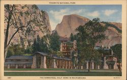 Yosemite National Park. The Ahwahnee, half dome in background. Postcard