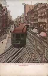 Wabash Ave. and Elevated Railroad, Looking North from Van Buren St. Trains, Railroad Postcard Postcard Postcard