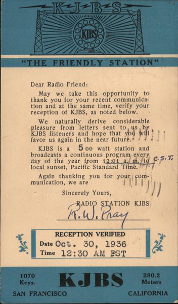 KJBS The Friendly Station 1070 Keys. 280.2 meters San Francisco California