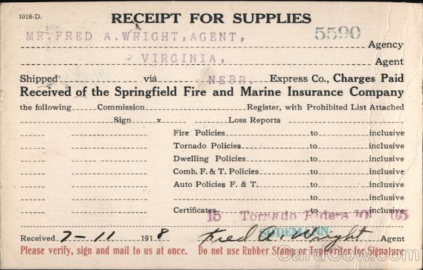 Receipt for Supplies Virginia Nebraska