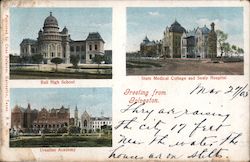 Greetings from Galveston - Ball High School, Ursuline Academy, State Medical College and Sealy Hospital Postcard