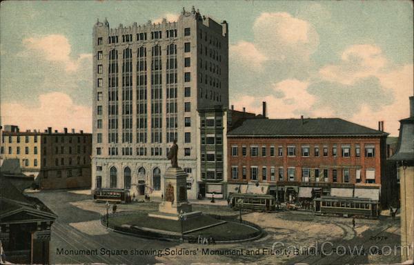 Monument Square showing Soldiers' Monument and Fidelity Building Portland Maine