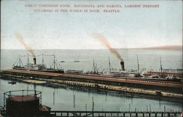 Great Northern Dock, Minnesota and Dakota, Largest Freight Steamers in the World in Dock Seattle Washington