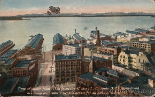 View of Waterfront from L.C. Smith Building - Biplane Seattle Washington
