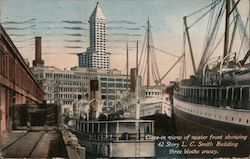 Close-in view of water front showing 42 story L.C. Smith Building three blocks away Postcard
