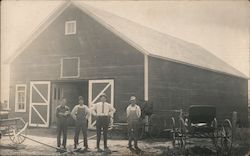 Men outside barn, buggies Postcard