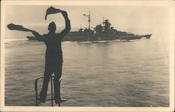 WWII Soldier Signalling German Battleship Postcard