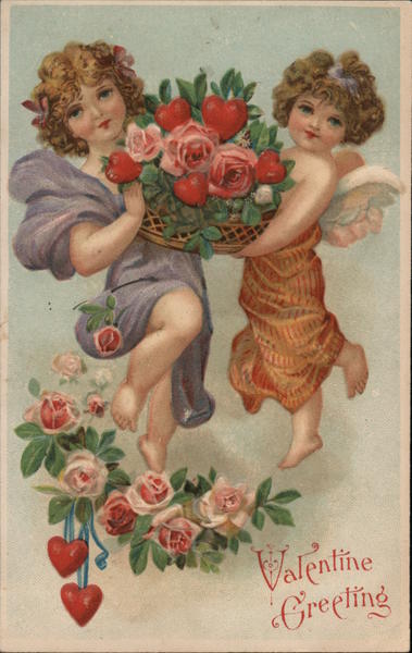 Two Curly-Haired Cherubs Hold Basket of Hears And Roses Cupid Postcard