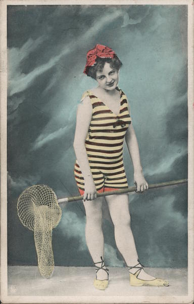 Bathing Suit lady with a net Swimsuits & Pinup Postcard