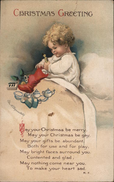 Christmas Greeting Small child with stocking full of toys