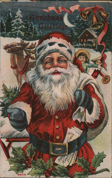 Christmas Greetings - Santa Claus with Toys and Reindeer