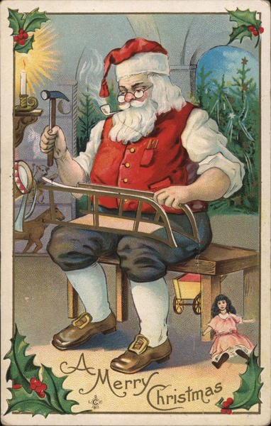 Santa Claus with hammer and toys Merry Christmas