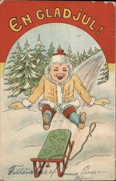 En Glad Jul! Boy and Sled at Bottom of Hill Children