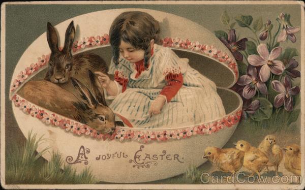 A joyful Easter - girl and 2 rabbits inside an egg and chicks on the ground