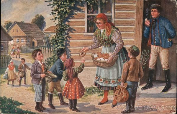 Woman Giving Bread to Children