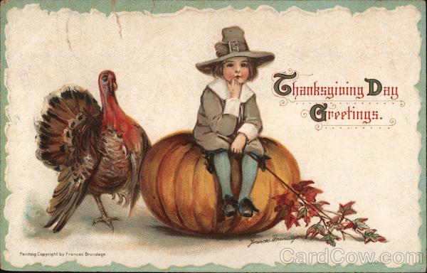 Thanksgiving Day Greetings - Boy sitting on pumpkin next to turkey