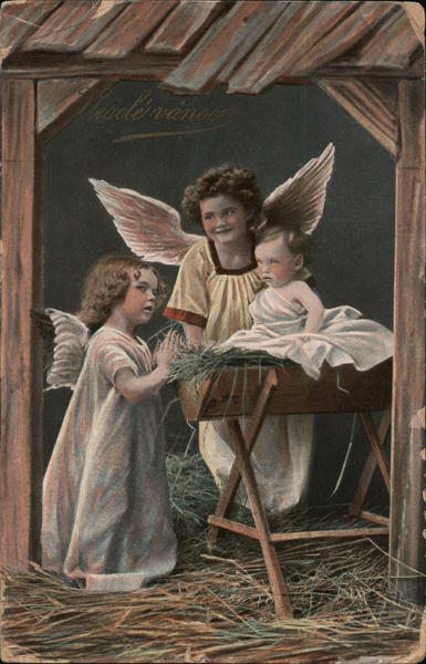 Vesele Vanoce - Angels and baby in manager - photo tinted