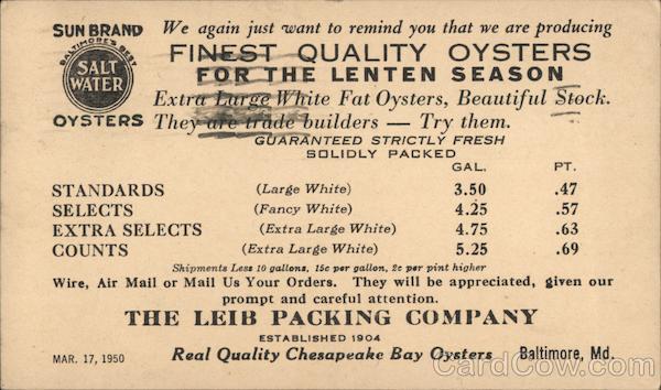 Sun Brand Oysters - Leib Packing Company Postal Cards & Correspondence