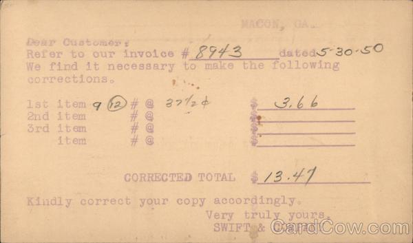 Swift & Company - Invoice correction Postal Cards & Correspondence