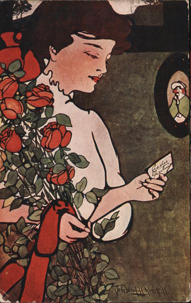 Woman holding roses and Easter greeting card Artist Signed