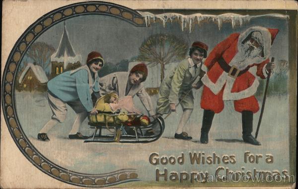 Good wishes for a Happy Christmas - Santa pulling a sled with children