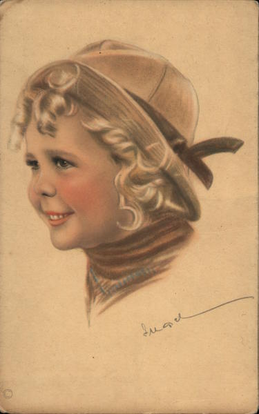 Girl with blond curls and hat Artist Signed
